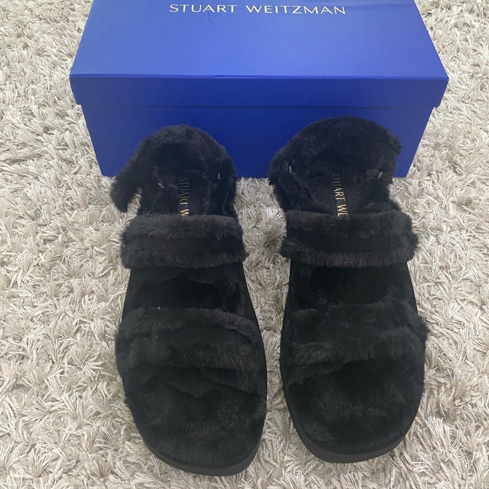 Stuart Weitzman Zoe Fur Black Chill Sandals - Size 10.5